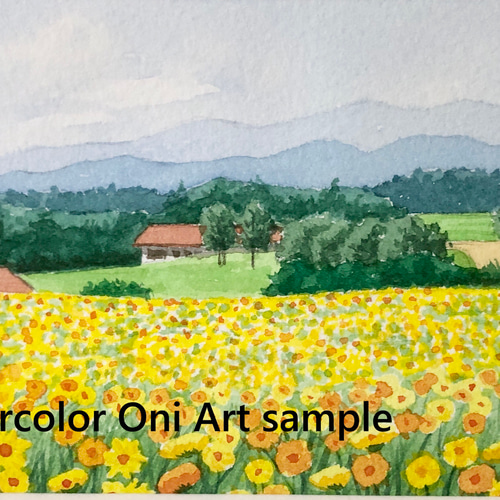 キバナコスモスのフィールド03」透明水彩画 原画 風景画 額縁付