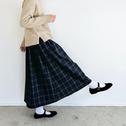 ウールライクフレアミディスカートネイビーチェック【イージーケア