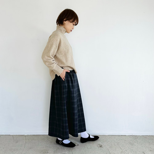 ウールライクフレアミディスカートネイビーチェック【イージーケア