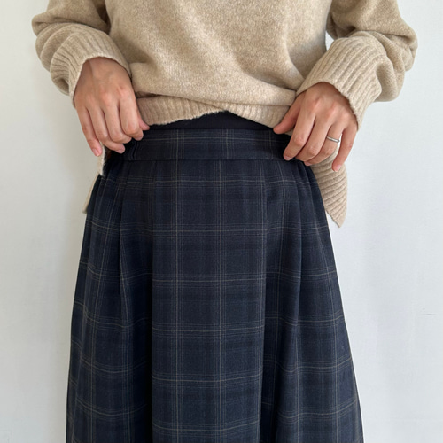 ウールライクフレアミディスカートネイビーチェック【イージーケア