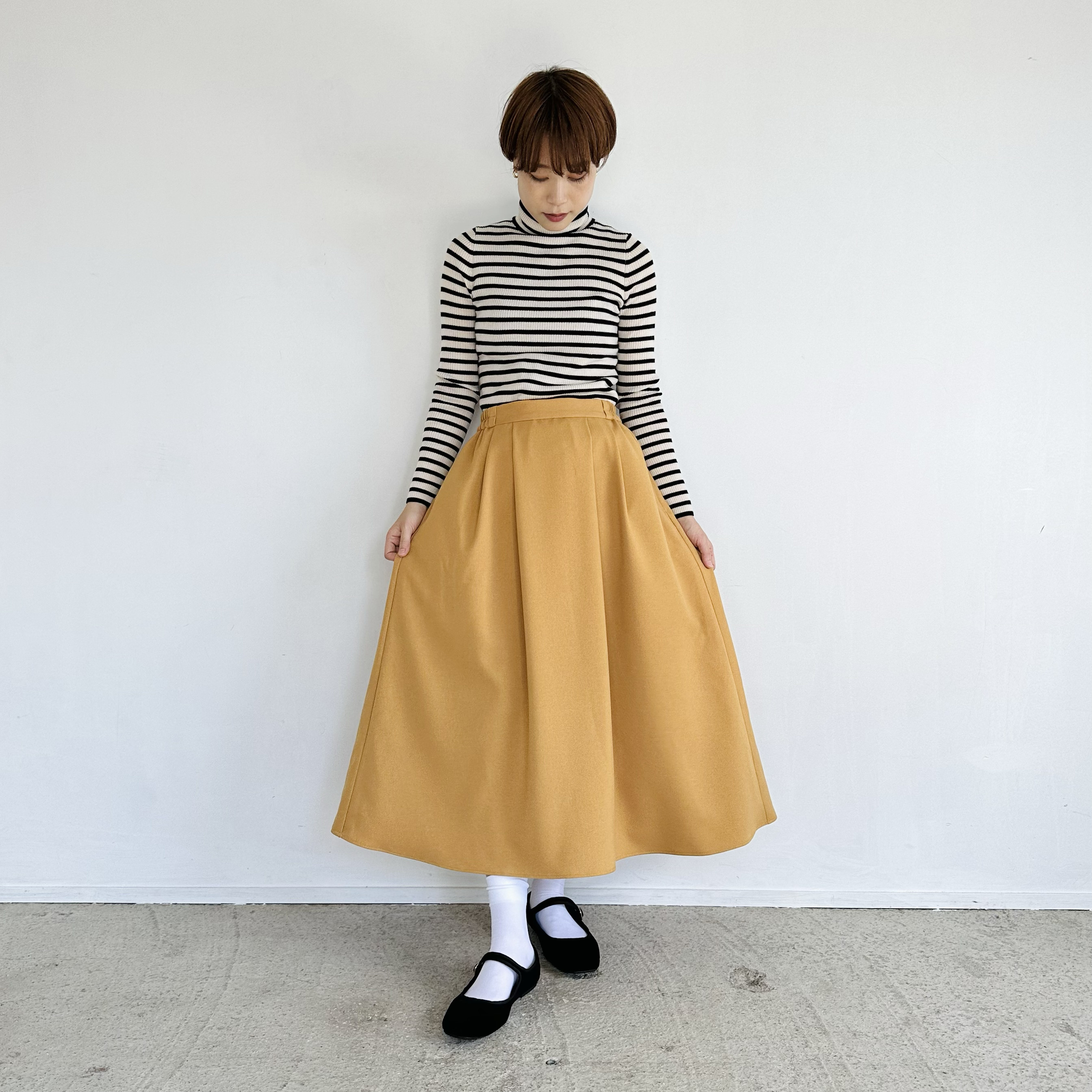 ウールライクフレアミディスカートイエロー【イージーケア】☆ウエスト2段階調節機能付き