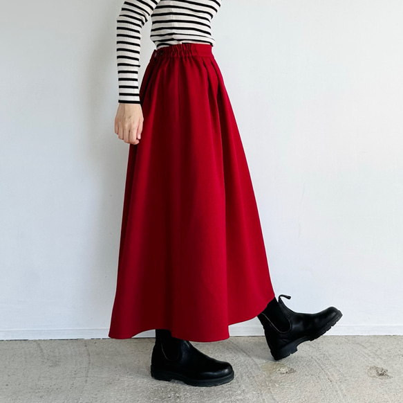ウールライクフレアミディスカートレッド【イージーケア】☆ウエスト2