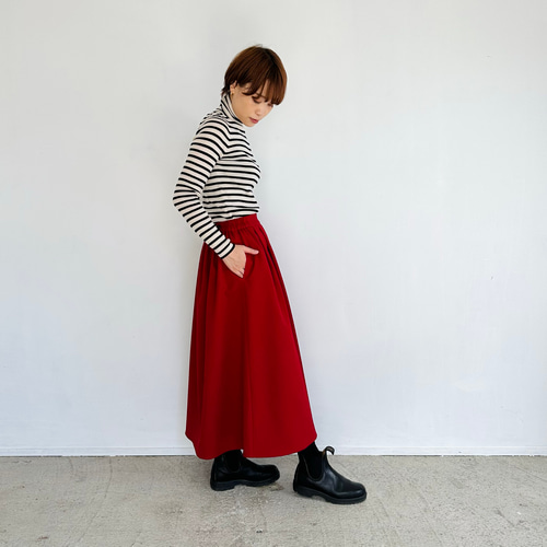 archivio 赤 スカート ポケット付き ウールライクフレアミディスカートレッド【イージーケア】☆ウエスト2