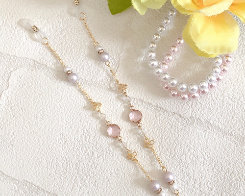 メガネチェーン》ゆるふわ系/ Flower＆pinkチャーム✧︎✧︎2way or