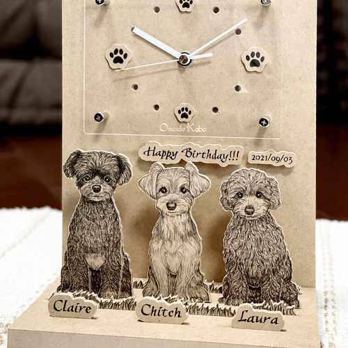 4匹の犬種が選べる特別デザイン｜オーダーメイド木製掛け時計
