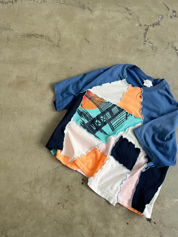 Vintage patchwork T-shirt 01 / ヴィンテージリメイクショート丈パッチワークTシャツ 11枚目の画像