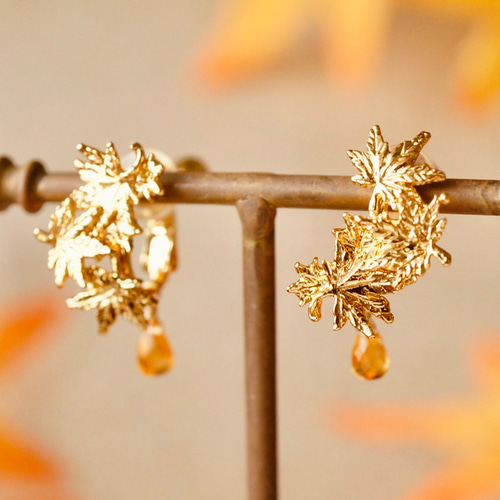 紅葉＆シトリンの雫 ネジバネ式イヤリング ~sept~ イヤリング