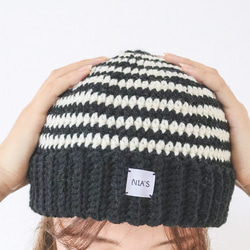 ボーダー ニット 帽子 ハンドメイド ニット帽 手編み ビーニー ボーダー 黒 かぎ針編み ニット帽・ビーニー