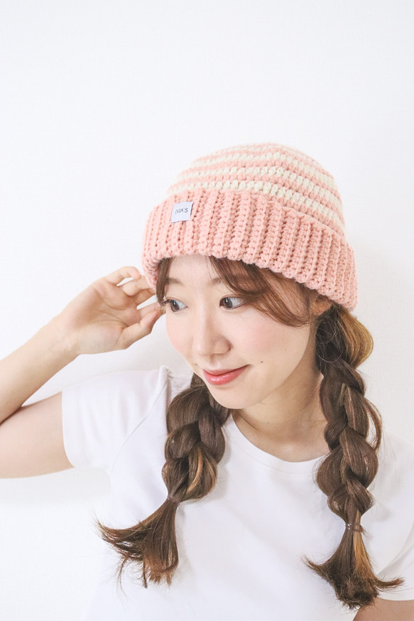 ニット帽 ビーニー 手編み かぎ針編み ピンク ボーダー ニット帽