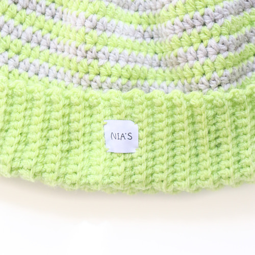 ニット帽 手編み ビーニー 帽子 かぎ針編み ボーダー 緑 ニット
