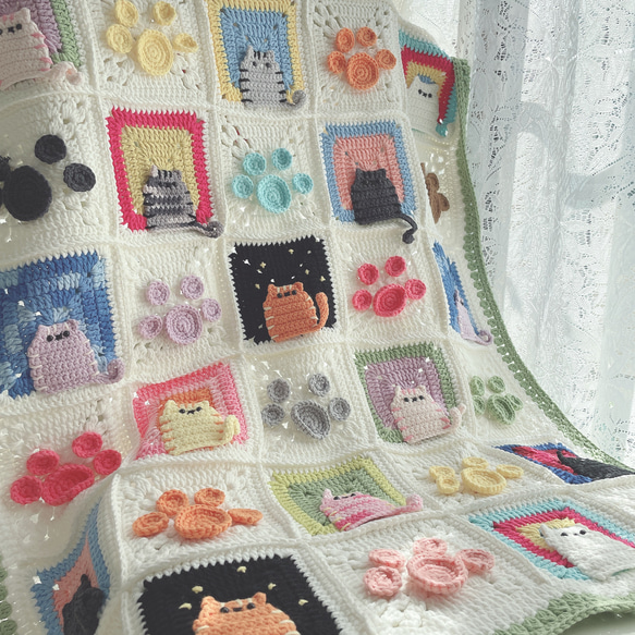 猫のかぎ編みブランケット　膝掛け　ソファ掛け　インテリア　手編み 人気・おすすめ｜使いやすい・旅行におすすめ 品質保証 全国発送 日本国内発送・最短翌日お届け