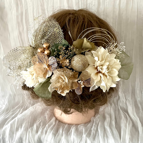送料無料》ゴールドフラワーとチュールリボンの髪飾り 成人式 和装