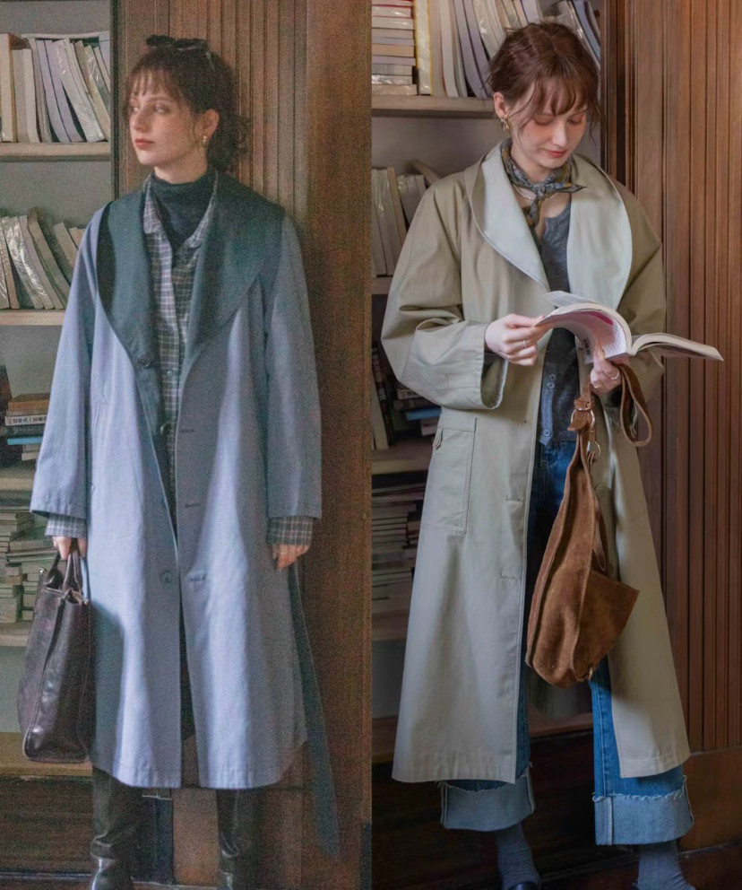 2色　リバーシブル仕様　トレンチコート　ウエストベルト【春秋】ベージュ系/ブルー系