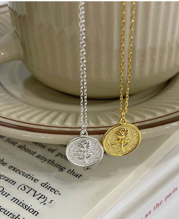 シルバー925 レトロ 薔薇 コインチャーム ネックレス silver925