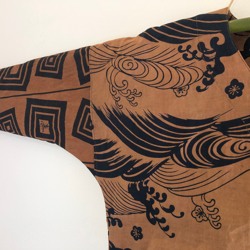 柿渋染め 鯉口シャツ Lサイズ 浴衣生地 三枡 波 矢 麻の葉