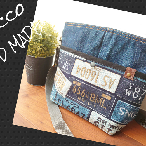 No.323【DENIM✖️ナンバープレートショルダーバッグ】あおりポケット  