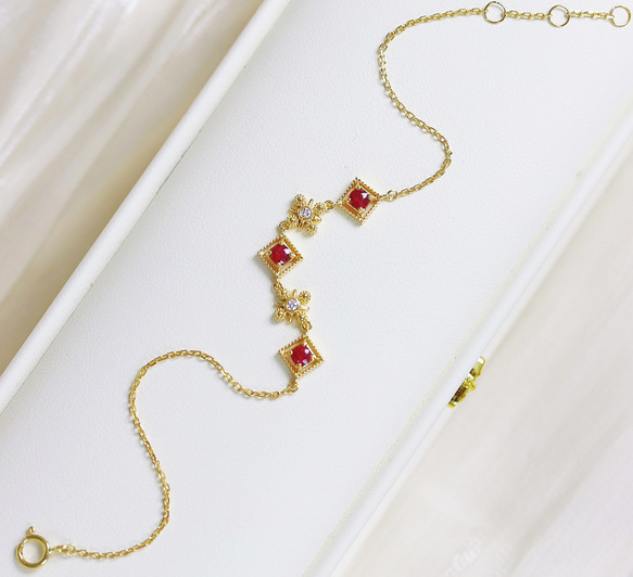 天然ダイヤモンド付きルビーブレスレットk18 ブレスレット パール  