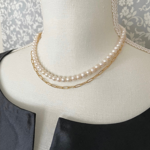 受注制作】ロングネックレス パール 太めチェーン クリップ 受注制作】ロングネックレス パール 太めチェーン クリップ