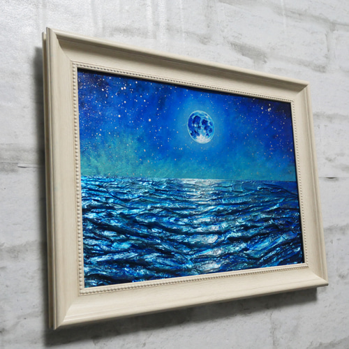 油絵 油彩 油彩画 絵 絵画 【青い満月と輝く海】 絵画 HR 通販
