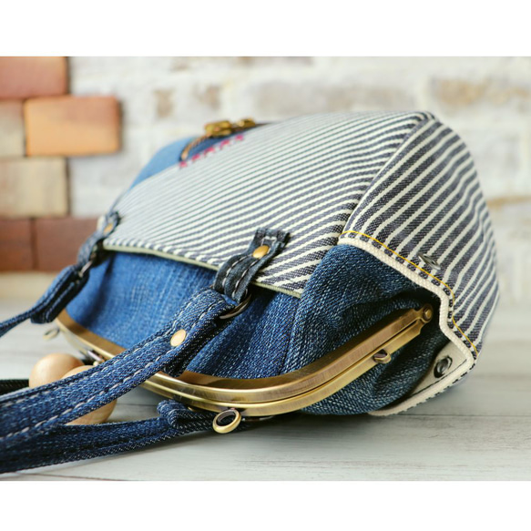 ”でにむ日和”親子がま口shoulderBag【denimヒッコリー時々帆布】ちらっと生成り 12枚目の画像