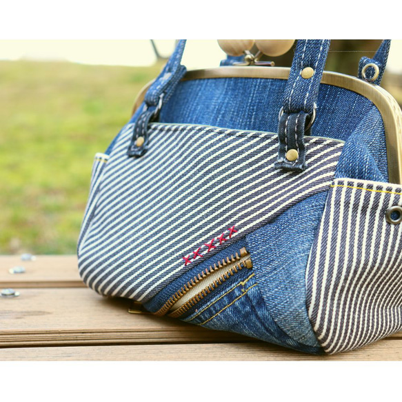 ”でにむ日和”親子がま口shoulderBag【denimヒッコリー時々帆布】ちらっと生成り 7枚目の画像