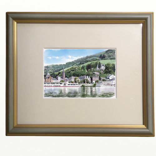 ヨーロッパ　庭園の風景画 金色額縁 小宮山恒男「ヨーロッパ風景」 油彩画 額縁外寸37.0x42.0n7.5