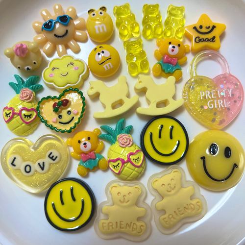 P-162 デコパーツ 黄色 くま スマイル キーホルダー パーツ デコパーツ