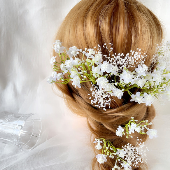 小花　かすみ草　ヘッドドレス　ホワイト　ブライダル　ウエディング　ヘアアクセサリー　造花　ブライダルアクセサリー　 2枚目の画像
