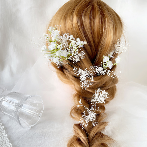 小花　かすみ草　ヘッドドレス　ホワイト　ブライダル　ウエディング　ヘアアクセサリー　造花　ブライダルアクセサリー　 9枚目の画像