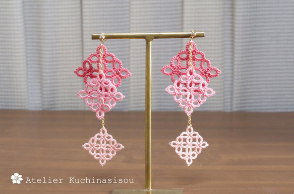 【訂做】梭織蕾絲方形耳環三件（粉色） 第6張的照片