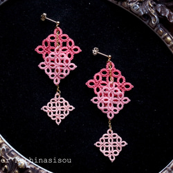 【訂做】梭織蕾絲方形耳環三件（粉色） 第7張的照片