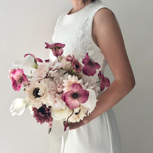 バーガンディ 秋カラー♪ウェディングブーケ ブートニア付き アーティ  