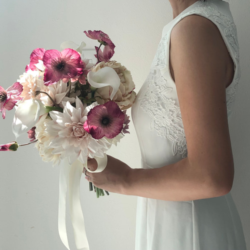 バーガンディ 秋カラー♪ウェディングブーケ ブートニア付き アーティ  