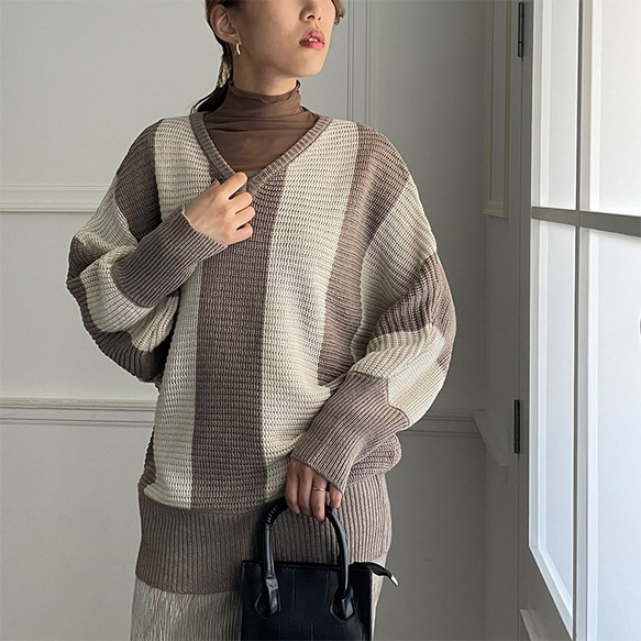 全3色】太ストライプ配色 ドルマンニット 22686 ニット・セーター