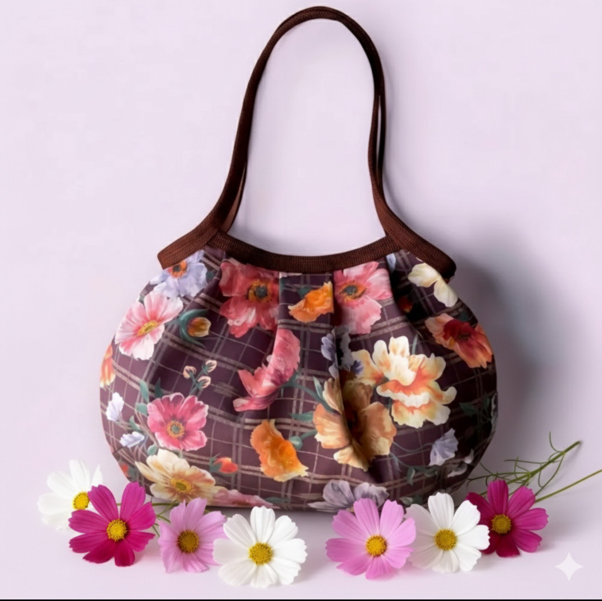 《秋の誕生花》コロンと可愛いショルダーグラニーバッグ 秋桜　コスモス  ブラウン地 ◎選べる2サイズ