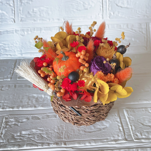 プリザーブドフラワーアレンジメント WinterApple pumpkin ハロウィンバスケット ハロウィン プリザーブドフラワー