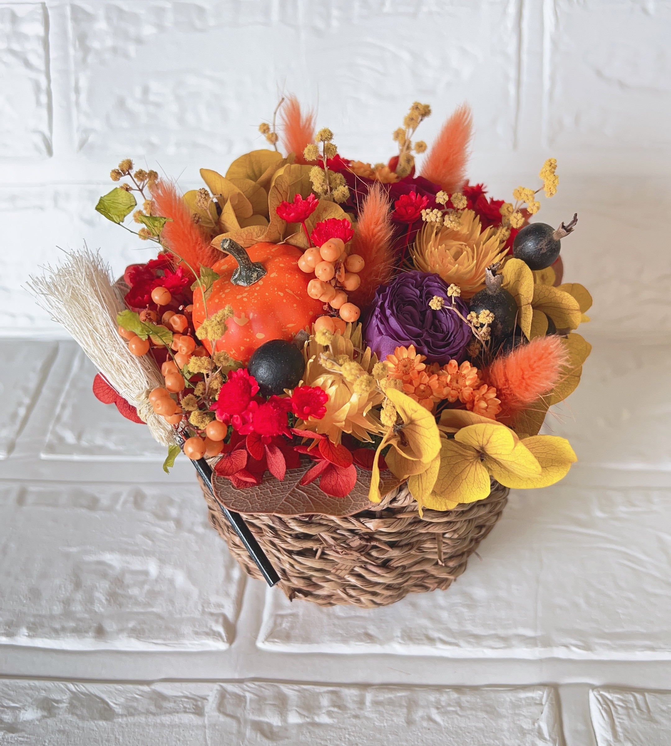 りさ　オルゴナイト　ハロウィンでか耳くま　オレンジプリザードフラワー薔薇 ハロウィンバスケット ハロウィン プリザーブドフラワー