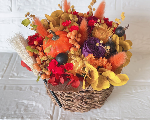 りさ　オルゴナイト　ハロウィンでか耳くま　オレンジプリザードフラワー薔薇 りさ オルゴナイト ハロウィンでか耳くま オレンジプリザード
