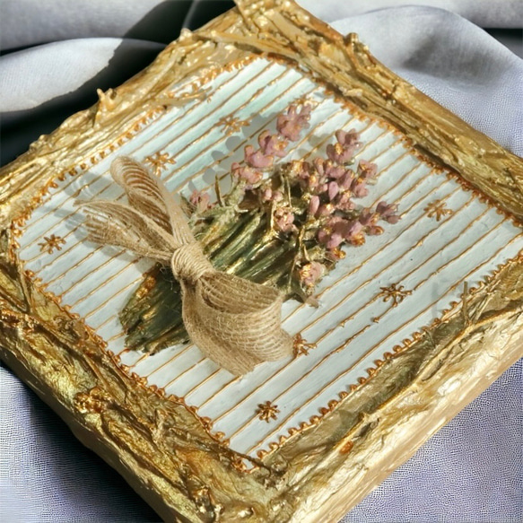 【一点物】「ラベンダーの花束」テクスチャーアートと造花の半立体作品　 5枚目の画像