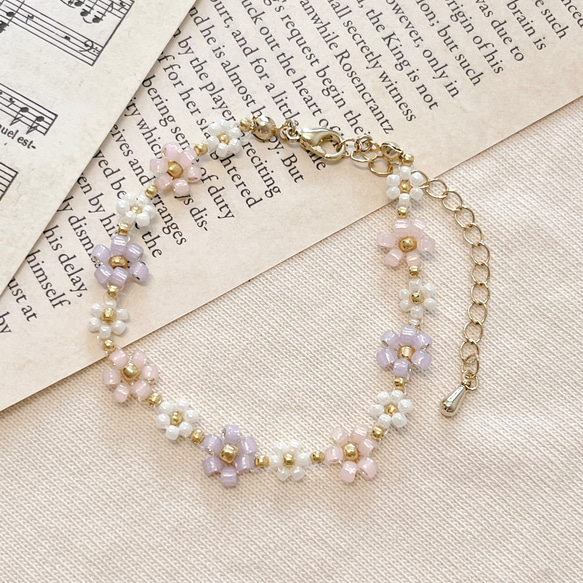 フラワービーズブレスレット パープル×ピンク×ホワイト アジャスター