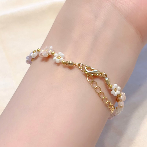 フラワービーズブレスレット パープル×ピンク×ホワイト アジャスター