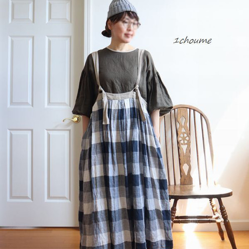 ブロックチェック フレンチリネン サロペットスカート/ジャンパー