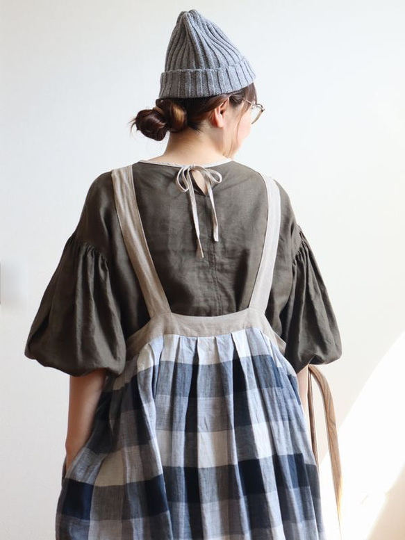 ブロックチェック　フレンチリネン　サロペットスカート/ジャンパースカート 3枚目の画像