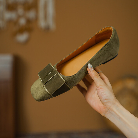 23 秋冬新款女式真皮鞋時尚獨特高跟鞋慢跟 22 厘米-25 厘米綠色 #829⭐免運費⭐ 第5張的照片