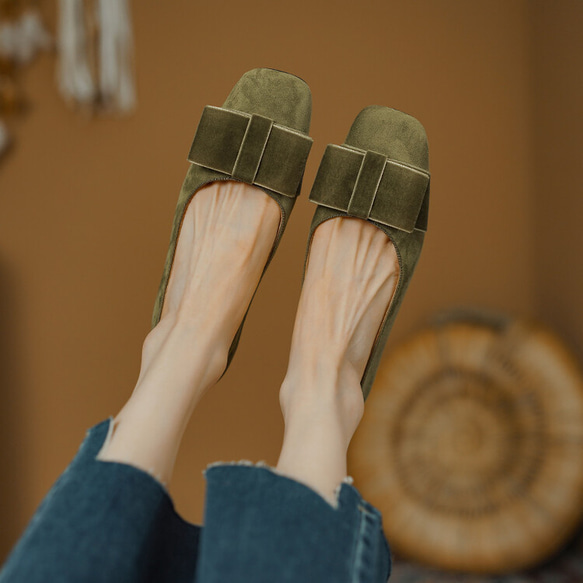 23 秋冬新款女式真皮鞋時尚獨特高跟鞋慢跟 22 厘米-25 厘米綠色 #829⭐免運費⭐ 第2張的照片