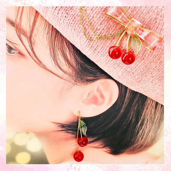 さくらんぼ リボン ブローチ ハットピン ピンク 大人かわいい レジン アクセサリー プレゼント 3枚目の画像