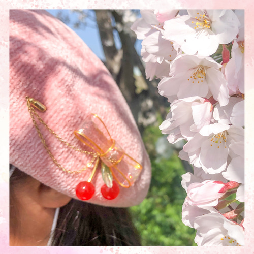 さくらんぼ リボン ブローチ ハットピン ピンク 大人かわいい レジン
