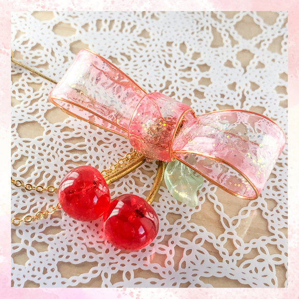 さくらんぼ リボン ブローチ ハットピン ピンク 大人かわいい レジン アクセサリー プレゼント 6枚目の画像