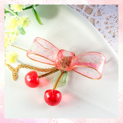 さくらんぼ リボン ブローチ ハットピン ピンク 大人かわいい レジン アクセサリー プレゼント 8枚目の画像