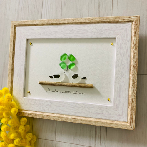 シーグラスアート シマエナガ 四葉のクローバー インテリア雑貨